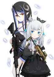 Rule 34 | 2girls, absurdres, and uge, assault rifle, bandeau, belt, black bandeau, black belt, black hair, black jacket, black skirt, black sleeves, blue belt, blue eyes, blue hair, blush, breasts, brown eyes, brown nails, chest belt, cleavage, closed mouth, collarbone, commentary request, cowboy shot, curled horns, demon girl, demon horns, detached sleeves, feet out of frame, frilled skirt, frills, grey horns, gun, h&amp;k mp7, hair between eyes, hairpods, hebiyoi tier, hebiyoi tier (1st costume), highres, hip vent, holding, holding gun, holding weapon, horns, jacket, large breasts, long hair, long sleeves, looking at viewer, medium bangs, multicolored hair, multiple girls, nanashi inc., natsuki aya, off shoulder, open clothes, open jacket, personal defense weapon, pointy ears, rifle, scope, shirt, sidelocks, simple background, skirt, sleeveless, sleeveless shirt, smile, snake bite, submachine gun, thick eyebrows, trigger discipline, two-tone hair, virtual youtuber, weapon, white background, white hair, white shirt