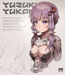Rule 34 | 1girl, amputee, android, blush, breasts, character name, closed mouth, commentary request, english text, hair ornament, highres, mechanical parts, medium breasts, purple eyes, purple hair, short hair with long locks, solo, vocaloid, voiceroid, yasuhara roku, yuzuki yukari, zoom layer