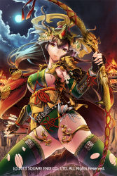 Rule 34 | 1girl, arrow (projectile), bow (weapon), breasts, brown hair, chinese clothes, cloud, cowboy shot, full moon, green thighhighs, large breasts, long hair, looking at viewer, moon, neo-masterpeacer, official art, sangokushi ranbu, sky, solo, thighhighs, torn clothes, torn thighhighs, weapon, yellow eyes