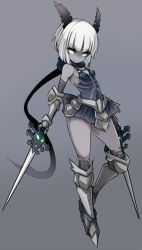 Rule 34 | 1girl, afk arena, armored boots, bare shoulders, black dress, black ribbon, boots, breasts, closed mouth, colored skin, dress, dual wielding, full body, gauntlets, glowing, glowing eyes, green eyes, grey background, grey skin, hair ribbon, highres, holding, holding sword, holding weapon, karukan (monjya), knee boots, ribbon, short hair, silvina (afk arena), simple background, sleeveless, sleeveless dress, small breasts, solo, sword, weapon, white hair