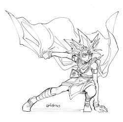 Rule 34 | 1boy, arm support, atem, bracelet, cape, commentary request, full body, fushitasu, greyscale, jewelry, looking to the side, male focus, millennium puzzle, monochrome, necklace, outstretched arm, shoes, solo, spiked hair, squatting, white background, yu-gi-oh!, yu-gi-oh! duel monsters