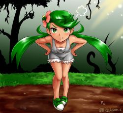 Rule 34 | 1girl, artist name, bare shoulders, breasts, cleavage, creatures (company), dirt, flower, flower on head, full body, game freak, green eyes, green footwear, green hair, hair ornament, leaning forward, looking at viewer, mallow (pokemon), nintendo, npc trainer, overalls, pokemon, pokemon sm, pout, shoes, solo, takobe, trial captain