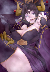 Rule 34 | 10s, 1girl, bad id, bad pixiv id, bat (animal), bat (symbol), belt, black hair, blue eyes, breasts, claws, cleavage, covered erect nipples, curvy, demon girl, demon wings, digimon, digimon (creature), digimon xros wars, earrings, eyeshadow, female focus, gauntlets, hair ornament, hairpin, horns, japanese clothes, jewelry, kannagi kaname, large breasts, licking, lilithmon, lipstick, makeup, mole, mole under eye, pointy ears, seven great demon lords, solo, thighhighs, thighs, tongue, wings
