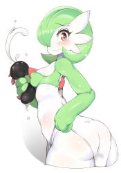 Rule 34 | 1girl, alternate color, ass, blush, breasts, colored skin, covered erect nipples, covered navel, creatures (company), diamond (shape), dress, from side, game freak, gardevoir, gen 3 pokemon, gen 7 pokemon, hair over one eye, hand on own hip, liquid, looking at viewer, nintendo, no panties, pingqiong xiansheng, pokemon, pokemon (creature), pokemon sm, pyukumuku, red eyes, sexually suggestive, shiny skin, short hair, sideboob, simple background, small breasts, smile, solo, squeezing, standing, tears, thighs, white background, white skin