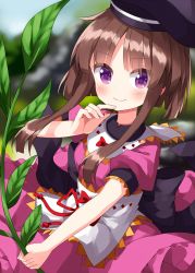 Rule 34 | 1girl, apron, black hat, bow, brown hair, closed mouth, commentary request, dress, frills, happy, hat, highres, myouga (plant), nishida satono, one-hour drawing challenge, pink dress, purple eyes, ribbon, ruu (tksymkw), short hair, short hair with long locks, smile, solo, tate eboshi, touhou, waist apron