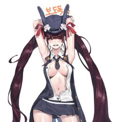 Rule 34 | 1girl, animal ears, armpits, arms behind head, arms up, bad id, bad pixiv id, black hat, black skirt, black vest, blunt bangs, blush, breasts, cleavage, collared shirt, commission, contrapposto, cowboy shot, embarrassed, fake animal ears, frown, girls&#039; frontline, gluteal fold, hat, hat ribbon, long hair, looking away, looking to the side, medium breasts, miniskirt, navel, no bra, nose blush, open clothes, open mouth, open shirt, open vest, pleated skirt, purple hair, rabbit ears, red eyes, red ribbon, ribbon, romana, round teeth, shirt, sidelocks, simple background, skirt, sleeveless, sleeveless shirt, solo, standing, teeth, twintails, unbuttoned, very long hair, vest, wa2000 (girls&#039; frontline), white background, white shirt, wing collar