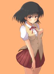 Rule 34 | 1girl, arm at side, black hair, blush, bob cut, brown vest, commentary, embarrassed, hand on own chest, highres, looking at viewer, looking to the side, looking up, neck ribbon, orange background, parted lips, pleated skirt, puffy short sleeves, puffy sleeves, raised eyebrows, red eyes, red ribbon, red skirt, ribbon, school rumble, school uniform, shirt, short hair, short sleeves, simple background, skirt, solo, standing, taribanseikenhaisshisoden, tsukamoto yakumo, vest, white shirt