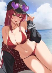 Rule 34 | 1girl, bare shoulders, baseball cap, beach, bikini, bikini under clothes, black hat, black jacket, blue sky, blush, breasts, cleavage, cloud, day, earrings, fang, halterneck, hat, heart, heart-shaped eyewear, heart earrings, heart necklace, heterochromia, highres, hololive, houshou marine, houshou marine (summer), jacket, jewelry, large breasts, long hair, looking at viewer, navel, necklace, ocean, off shoulder, open clothes, open jacket, open mouth, outdoors, red bikini, red eyes, red hair, sky, smile, solo, string bikini, sunglasses, swimsuit, thighs, virtual youtuber, wabimochi, water, yellow eyes