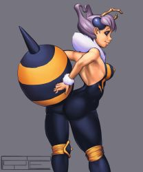 Rule 34 | 1girl, antennae, ass, back, backless outfit, bee girl, blue eyes, bodysuit, breasts, collaboration, colorized, extra eyes, highres, arthropod girl, knee pads, md5 mismatch, medium breasts, monster girl, no pupils, no wings, pantyhose, polyle, purple hair, q-bee, short hair, solid eyes, solo, spandex, stinger, vampire (game), wrist cuffs