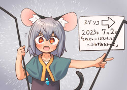 Rule 34 | + +, 1girl, absurdres, animal ear fluff, animal ears, bare arms, blue capelet, blush, capelet, commentary request, crystal, dated, dowsing rod, flat chest, greenpiecerice, grey background, grey hair, grey vest, hair between eyes, highres, jewelry, looking at viewer, medium bangs, mouse ears, mouse girl, mouse tail, nazrin, open mouth, pendant, pointing, pointing to the side, red eyes, shirt, short hair, sign, smile, solo, sparkle, star-shaped pupils, star (symbol), symbol-shaped pupils, tail, tareme, touhou, translation request, upper body, v-shaped eyebrows, vest, white shirt