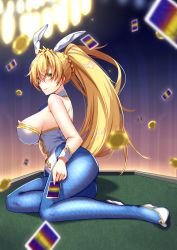 Rule 34 | 1girl, animal ears, artoria pendragon (all), artoria pendragon (fate), artoria pendragon (swimsuit ruler) (fate), blonde hair, blue pantyhose, braid, breasts, card, detached collar, fake animal ears, fate/grand order, fate (series), fishnet pantyhose, fishnets, french braid, green eyes, high heels, highres, holding, holding card, large breasts, leotard, long hair, on table, pantyhose, playboy bunny, ponytail, rabbit ears, ryuuzouji usagi, sitting, solo, strapless, strapless leotard, table, white footwear, white leotard, wrist cuffs