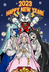 Rule 34 | 2boys, 3girls, animal ears, artist request, cat, chinese zodiac, digimon, embarrassed, fake animal ears, gift, happy, happy new year, hat, highres, holding, holding gift, jesmon, looking at another, looking at viewer, mouse (animal), multiple boys, multiple girls, nail polish, new year, nun, rabbit ears, sistermon blanc, sistermon ciel, sistermon noir, standing, year of the rabbit
