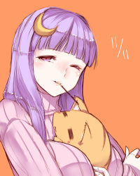 Rule 34 | 1girl, = =, bad id, bad pixiv id, blush, borrowed character, breasts, cat, crescent, crescent hair ornament, dated, female focus, food, hair ornament, hug, kurokuro, kuzuneko, large breasts, long hair, looking at viewer, mouth hold, one eye closed, orange background, patchouli knowledge, pocky, pocky day, purple eyes, purple hair, ribbed sweater, smile, solo, sweater, touhou, wink