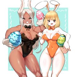 Rule 34 | 2girls, animal ears, bare arms, black bow, black bowtie, black leotard, blonde hair, blush, boku no hero academia, bow, bowtie, breasts, brown eyes, carrot (one piece), cleavage, covered navel, crossover, dark-skinned female, dark skin, detached collar, easter egg, egg, fake animal ears, feet out of frame, female focus, food, gloves, grin, highleg, highleg leotard, highres, holding, holding egg, holding food, kenron toqueen, large breasts, leotard, long hair, looking at viewer, medium hair, mirko, multiple girls, muscular, muscular female, one piece, open mouth, orange bow, orange bowtie, orange eyes, orange leotard, playboy bunny, rabbit ears, rabbit girl, rabbit tail, skindentation, sleeveless, smile, standing, strapless, strapless leotard, tail, thick thighs, thighs, trait connection, white hair