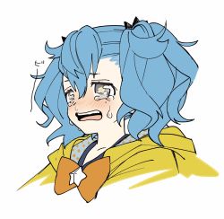 Rule 34 | 1girl, bad id, bad twitter id, blue hair, blush, bow, coat, commentary request, cropped torso, crying, crying with eyes open, grey eyes, hair between eyes, highres, hood, hood down, hooded coat, long hair, mole, mole under eye, ningiyau, open mouth, orange bow, original, runny nose, sad, simple background, snot, solo, tears, teeth, twintails, upper body, upper teeth only, wavy mouth, white background, yellow coat
