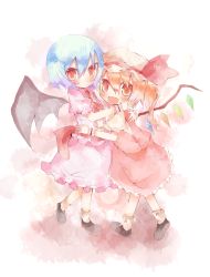 Rule 34 | 2girls, :d, bad id, bad pixiv id, blonde hair, blue hair, blush, fang, faux traditional media, female focus, flandre scarlet, hat, highres, hug, looking at viewer, multiple girls, no headwear, no headwear, open mouth, red eyes, remilia scarlet, short hair, siblings, sisters, smile, touhou, wings, wrist cuffs, yatani row
