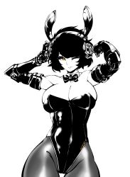 Rule 34 | 1girl, andyface, animal ears, bare shoulders, bow, bowtie, breasts, rabbit ears, cleavage, commentary, cyborg, detached collar, easter, english commentary, fake animal ears, headphones, high contrast, highres, large breasts, leotard, looking at viewer, mechanical arms, mechanical hands, mechanical parts, one eye closed, orange eyes, original, pantyhose, playboy bunny, prosthesis, prosthetic arm, rabbit (andyface), short hair, solo, spot color, thigh gap, thighs, wireless