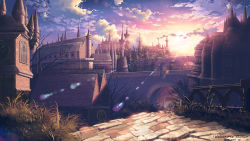 Rule 34 | arch, architecture, bad id, bad pixiv id, bloodborne, blue sky, bridge, building, city, cloud, cloudy sky, commentary request, dated, english text, fence, gothic architecture, gradient sky, grass, highres, no humans, outdoors, scenery, signature, sky, sunlight, sunset, tower, twilight, wall, yharnam, yuuko-san