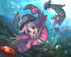 Rule 34 | 2girls, :d, ahoge, air bubble, barefoot, black hat, black sash, blue eyes, blue hair, blush, bowl, bowl hat, bubble, commentary request, coral, drill hair, fins, fish, frilled kimono, frills, full body, green kimono, hat, head fins, highres, holding, japanese clothes, kimono, long sleeves, looking at viewer, mermaid, monster girl, multiple girls, obi, open mouth, outstretched arm, petticoat, profile, purple hair, reaching, reaching towards viewer, red eyes, red kimono, sash, short hair, smile, sukuna shinmyoumaru, swimming, syope, touhou, underwater, wakasagihime, wide sleeves