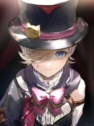 Rule 34 | 1boy, androgynous, black cape, black corset, black hat, blonde hair, bow, cape, corset, fujito (call f ), genshin impact, hair over one eye, hat, highres, long sleeves, lyney (genshin impact), male focus, one eye covered, purple eyes, red bow, shirt, solo, teardrop facial mark, top hat, twitter username, white shirt