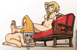 Rule 34 | 00s, 2girls, barefoot, blonde hair, breasts, convenient censoring, couch, eruka frog, feet, femdom, grey hair, hat, human furniture, long hair, medusa gorgon, multiple girls, navel, nipples, noise tanker, nude, simple background, sitting, small breasts, soul eater, tattoo, white background, witch hat, yellow eyes, yuri