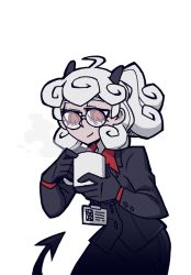 Rule 34 | 1girl, ahoge, black gloves, black horns, black jacket, business suit, closed mouth, collared shirt, cup, curly hair, demon girl, demon horns, demon tail, formal, glasses, gloves, helltaker, holding, holding cup, horns, jacket, long sleeves, looking at cup, looking at object, official art, pandemonica (helltaker), red eyes, red shirt, shirt, short hair, smile, steam, suit, tail, transparent background, vanripper, white hair