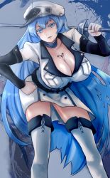 Rule 34 | 1girl, akame ga kill!, blue eyes, blue hair, boots, breasts, chest tattoo, choker, cleavage, esdeath, hair between eyes, hat, highres, large breasts, long hair, military, military uniform, peaked cap, rapier, smile, solo, sword, tattoo, thigh boots, thighhighs, uniform, very long hair, weapon