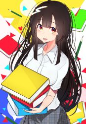 Rule 34 | 1girl, absurdres, book, breasts, collarbone, collared shirt, commentary request, enami (puusannnemuiyo), hair between eyes, heart, highres, holding, holding book, long hair, looking at viewer, medium breasts, open mouth, original, pencil, plaid, plaid skirt, red eyes, shirt, short sleeves, skirt, solo, upper body, white shirt