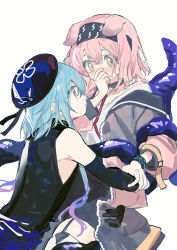 Rule 34 | 1boy, 1girl, animal ears, arknights, bare shoulders, beret, black hairband, black jacket, black shirt, black skirt, blue hair, blue headwear, blush, brown eyes, cat ears, covered mouth, creator connection, eye contact, garter straps, goldenglow (arknights), hair between eyes, hairband, hat, highres, jacket, lightning bolt print, long sleeves, looking at another, mizuki (arknights), nose blush, open clothes, open jacket, parted lips, pink eyes, pink hair, print hairband, profile, puffy long sleeves, puffy sleeves, red medicine, shirt, simple background, skirt, sleeveless, sleeveless shirt, thighhighs, white background, white shirt, white thighhighs