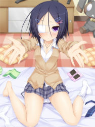 Rule 34 | 1girl, barefoot, bed, black hair, blue hair, book, breasts, cardigan, cleavage, cross, eyepatch, feet, frown, hair ornament, hairclip, handheld game console, incoming hug, jewelry, looking at viewer, necklace, necktie, nintendo ds, nishi minami, no shoes, on bed, open clothes, open shirt, original, outstretched arms, pov, purple eyes, school uniform, shirt, short hair, single sock, sitting, skirt, socks, unworn socks, solo, stuffed animal, stuffed rabbit, stuffed toy, suterii, wariza, white socks