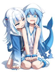 Rule 34 | 2girls, animal hood, blue eyes, blue hair, blue jacket, blunt bangs, bracelet, commentary request, crossover, dress, fins, fish tail, gawr gura, gawr gura (1st costume), hair ornament, highres, hololive, hololive english, hood, ikamusume, jacket, jewelry, long hair, long sleeves, looking at another, multicolored hair, multiple girls, open mouth, revision, scared, shadow, shark girl, shark hair ornament, shark hood, shark tail, sharp teeth, shinryaku! ikamusume, shoes, sidelocks, simple background, sitting, smile, streaked hair, superpig, tail, tears, teeth, tentacle hair, two side up, virtual youtuber, white background, white dress, white footwear, white hair, yuri