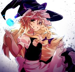 1girl apron asuzemu black_hat black_skirt blonde_hair bow braid brown_eyes floating_hair hair_between_eyes hair_bow hat kirisame_marisa long_hair long_skirt purple_bow shirt short_sleeves sketch skirt solo touhou very_long_hair white_apron white_shirt witch_hat