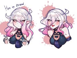 Rule 34 | 1girl, bare shoulders, blood, blood splatter, blush, breasts, briar (league of legends), cropped torso, english text, fang, fingernails, hair between eyes, hands up, highres, junko (funkywoomy), league of legends, long hair, medium breasts, multiple views, pink background, pink blood, pink hair, pointy ears, sharp fingernails, smile, tongue, tongue out, white background, white hair