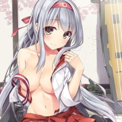 10s 1girl bankoku_ayuya breasts brown_eyes convenient_censoring hairband japanese_clothes jewelry kantai_collection kimono large_breasts looking_at_viewer navel open_clothes open_kimono ring shoukaku_(kancolle) silver_hair smile wedding_band