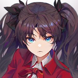 Rule 34 | 1girl, black hair, black ribbon, blouse, blue eyes, closed mouth, coat, collared shirt, fate/stay night, fate (series), hair ribbon, looking at viewer, red coat, ribbon, shirt, solo, tohsaka rin, twintails, upper body, wellsy, white background, white shirt