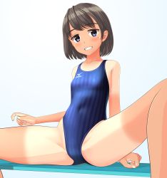 Rule 34 | 1girl, absurdres, bench, black hair, blue background, blue eyes, blue one-piece swimsuit, breasts, clothes writing, competition swimsuit, covered navel, grin, highleg, highleg swimsuit, highres, logo, looking at viewer, mizuno (brand), mole, mole under eye, one-piece swimsuit, original, short hair, sitting, small breasts, smile, solo, spread legs, striped clothes, striped one-piece swimsuit, swimsuit, takafumi, tan, tanline