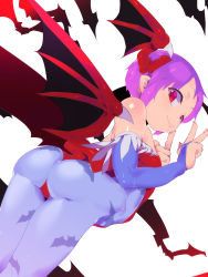 Rule 34 | 1girl, animal print, ass, bat print, bat wings, blue pantyhose, bridal gauntlets, demon girl, flat chest, from behind, head wings, highres, leotard, lilith aensland, looking at viewer, looking back, low wings, pantyhose, pigfarm55555, print pantyhose, purple hair, red eyes, red leotard, shiny clothes, shiny skin, short hair, solo, vampire (game), wings