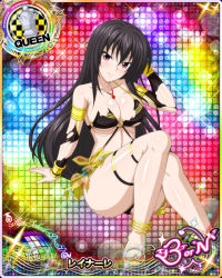 Rule 34 | 1girl, anklet, barefoot, bikini, black bikini, black hair, breasts, card (medium), character name, chess piece, cleavage, closed mouth, high school dxd, high school dxd born, jewelry, large breasts, long hair, looking at viewer, official art, pendant, pink eyes, queen (chess), raynare, smile, solo, swimsuit, torn bikini, torn clothes, trading card, very long hair