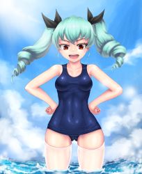 Rule 34 | 10s, 1girl, anchovy (girls und panzer), aqua hair, cloel, covered navel, drill hair, girls und panzer, hands on own hips, highres, long hair, looking at viewer, one-piece swimsuit, open mouth, partially submerged, red eyes, school swimsuit, skindentation, smile, solo, swimsuit, thighhighs, twin drills, twintails, wading, white thighhighs