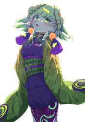 Rule 34 | 1other, ambiguous gender, blonde hair, cowboy shot, duel monster, ear ornament, earrings, fuji amiha, gloves, green eyes, green hair, highres, horns, japanese clothes, jewelry, kimono, long sleeves, noh-p.u.n.k. ze amin, pantyhose, purple pantyhose, short kimono, solo, very long sleeves, white background, yu-gi-oh!
