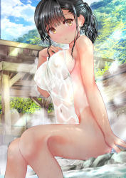 Rule 34 | 1girl, absurdres, black hair, blush, breasts, brown eyes, cloud, covered erect nipples, covered navel, covering privates, highres, large breasts, looking at viewer, nude cover, ogata tei, onsen, original, outdoors, short hair, sitting, sky, solo, steam, tan, tanline, towel, wet