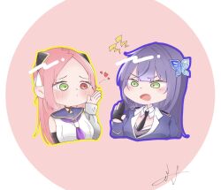 Rule 34 | 2girls, annoyed, arm at side, artist name, assault lily, black choker, black gloves, black necktie, blowing kiss, blue jacket, blue sailor collar, blunt bangs, blush, braid, breasts, butterfly hair ornament, chibi, choker, circle, closed mouth, collared shirt, commentary, cropped torso, detached sleeves, ear blush, epaulettes, eye contact, funada kiito, gloves, green eyes, hair ornament, hairpods, hand up, heart, heterochromia, highres, jacket, lightning bolt symbol, long hair, long sleeves, looking at another, medium breasts, mole, mole under eye, multiple girls, necktie, noel (fuyuu), o-ring, o-ring choker, odaiba girls high school uniform, open mouth, outline, parted bangs, partially fingerless gloves, pink background, puckered lips, purple hair, purple outline, raised eyebrows, red eyes, red hair, sailor collar, school uniform, serafuku, shiba tomoshibi, shirt, side braid, signature, single braid, sleeveless, sleeveless shirt, sleeves past wrists, upper body, v-shaped eyebrows, white background, yellow outline
