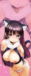 Rule 34 | 1girl, animal ears, bell, neck bell, black eyes, black gloves, black hair, blush, breasts, cat ears, cat tail, collar, copyright request, elbow gloves, fake animal ears, fake tail, fur trim, gloves, tucking hair, highres, large breasts, long hair, looking at viewer, navel, nipples, open mouth, pica (hpipi), pulling, pussy juice, solo, tail
