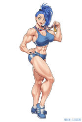 Rule 34 | 1girl, abs, absurdres, artist name, bandaid, bandaid on cheek, bandaid on face, biceps, blue eyes, blue hair, breasts, captain mizuki, cleavage, collaboration, earrings, elee0228, full body, hair ornament, hair scrunchie, hand on own hip, highres, hoop earrings, jewelry, large breasts, long hair, looking at viewer, medal, muscular, muscular female, one-punch man, open mouth, ponytail, scrunchie, second-party source, shoes, shorts, simple background, smile, sneakers, socks, solo, speh, sports bra, standing, thick thighs, thighs, white background