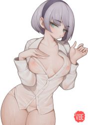 Rule 34 | 1girl, blouse, blush, bottomless, breasts, breasts apart, collared shirt, covered erect nipples, cowboy shot, green eyes, long sleeves, panties, rabbit (wlsdnjs950), shirt, short hair, silver hair, simple background, solo, underwear, wet, wet clothes, wet shirt, white background, white shirt, wide hips