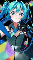 Rule 34 | 1girl, absurdres, aqua eyes, aqua hair, aqua necktie, black background, gloves, hatsune miku, highres, holding, holding microphone, long hair, looking at viewer, microphone, necktie, smile, smug, solo, tatyaoekaki, twintails, upper body, very long hair, vocaloid