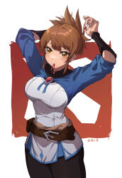 Rule 34 | 1girl, absurdres, adjusting hair, arms up, belt, blue jacket, breasts, brown eyes, brown hair, brown pants, closed mouth, dota (series), dota 2, highres, jacket, large breasts, ling luo xi yang, looking at viewer, marci (dota), medium breasts, medium hair, pants, simple background, sleeves past elbows, solo, white background