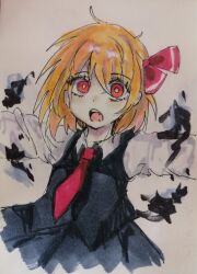 Rule 34 | 1girl, absurdres, black skirt, black vest, blonde hair, bright pupils, chinese commentary, collared shirt, commentary request, eyes visible through hair, fangs, hair ribbon, highres, long sleeves, medium hair, necktie, open mouth, red eyes, red necktie, red ribbon, ribbon, rumia, shirt, skirt, solo, touhou, traditional media, tuntunsbx, vest, white pupils, white shirt