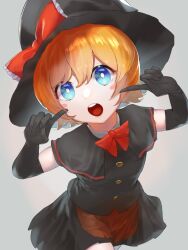 Rule 34 | 1girl, black capelet, black gloves, black hat, black skirt, black vest, blonde hair, blue eyes, blush stickers, bow, bright pupils, buttons, capelet, commentary, cookie (touhou), cowboy shot, elbow gloves, flat chest, gloves, grey background, hat, hat bow, johnnyyyyy, kirisame marisa, looking at viewer, meguru (cookie), one eye closed, open mouth, pointing, pointing at self, red bow, round teeth, short hair, simple background, skirt, skirt set, solo, teeth, touhou, upper teeth only, vest, white pupils, witch hat