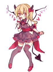 Rule 34 | 1girl, back bow, bare shoulders, black dress, black legwear, blush, bow, candy, crystal, demon girl, dress, flandre scarlet, food, frilled skirt, frills, full body, hair between eyes, hair bow, highres, horns, laevatein (tail), lollipop, looking to the side, no headwear, paragasu (parags112), red bow, sash, short dress, sidelocks, simple background, skirt, solo, tail, touhou, white background, wings